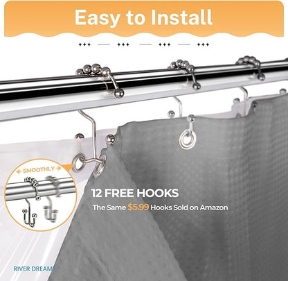 River Dream 3 in 1 Shower Curtain Set, Extra Long Waffle Fabric Shower Curtain and Waterproof Clear Liner Set with Double Sided Metal Hooks, Grey, 72" W*84" H