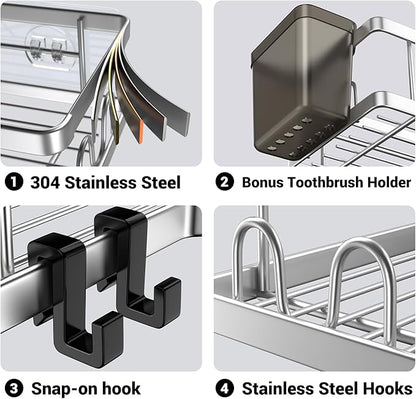Corner Shower Caddy Shelf Rack: 2 Pack Adhesive Shower Organizer Essentials - No Drilling Stainless Steel Shower Storage Rack with Hooks and Toothpaste Holder - Bathroom Accessories