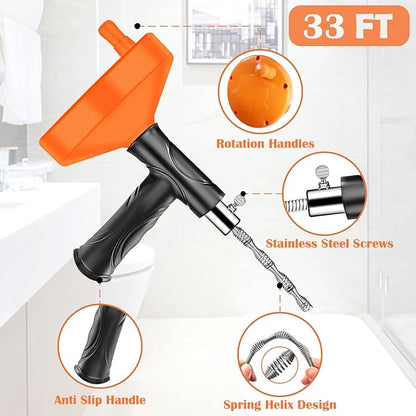 Drain Snake Auger 33 Feet, Plumbing Snake Drain Hair Clog Removal Tool, Heavy Duty Toilet Snake Auger, Sink Unclogger Drain Cleaner Tool for Bathroom Kitchen Tub Shower Drain Clog Remover with Gloves