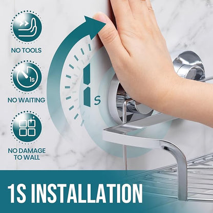 TAILI 2 Pack Powerful Suction Cup Corner Shower Caddy, Stainless Steel Rustproof Shower Shelf with Hook, Drill-Free Wall Mounted Basket, Large Capacity Removable Suction Cup Bathroom Organizer, Silver