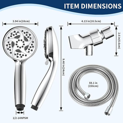 Hand Held Shower Head, High Pressure 6 Spray Mode Handheld Showerhead, Chrome Shower Head with 59 Inch Stainless Steel Hose and Adjustable Bracket