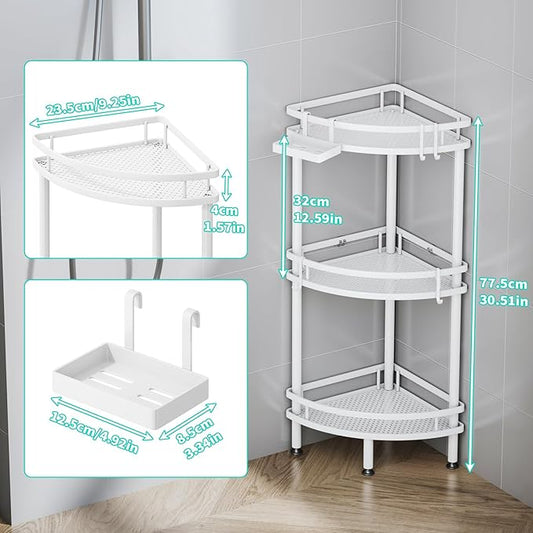 HapiRm Standing Corner Shower Caddy - 3 Tier Shower Organizer Corner with Soap Holder and 4 Hooks, Rustproof Bathroom Storage Shelves with Adhesives, White