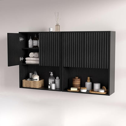 Fluted Bathroom Wall Cabinet Over The Toilet Storage,Wall Mounted Cabinet with Adjustable Shelf,Floating Cabinet Organizer Hanging Cabinet,Kitchen and Laundry Room Cabinets (Black-2 PCS)