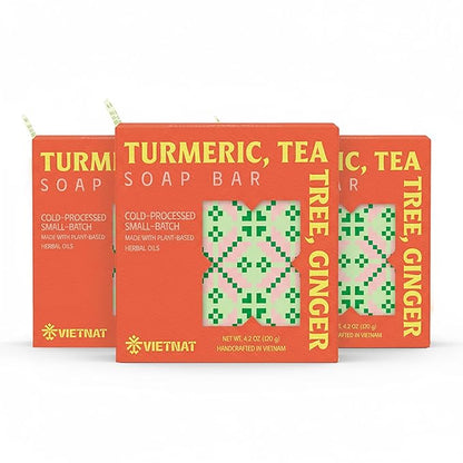 Turmeric, Tea Tree & Ginger Soap Bar (Pack of 3) – 2-in-1 Cleansing & Refreshing, Cold Process Handmade Bar with Essential Oils, Gentle Body Soap for Daily Use