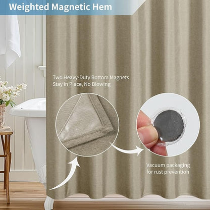2-in-1 Waterproof Extra Long Fabric Shower Curtain or Liner,Linen Textured,96 Inch Breathable TPU & Washable Bathroom Shower Curtain Set with 12 Plastic Hooks,Modern,72"x96" Khaki