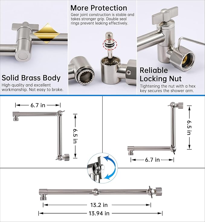 G-Promise 13 Inch Shower Head Extension Arm, Solid Brass Height & Angle Adjustable Extender, Rise or Lower Rainfall and Fixed Shower Head (Brushed Nickel)