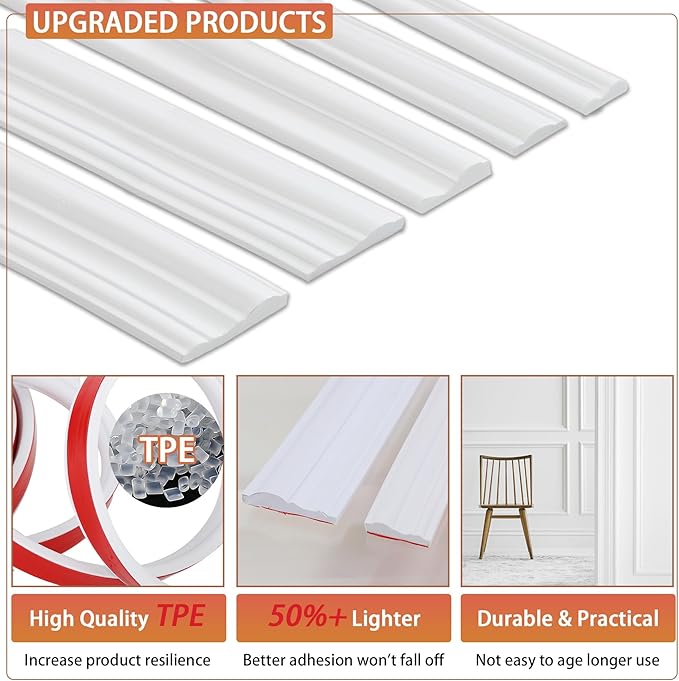 Peel and Stick Chair Rail Panel Molding, 240''L x 1.57''W Strong Self Adhesive TPE Wall Moulding Trim for Home DIY Decoration (Paintable White)