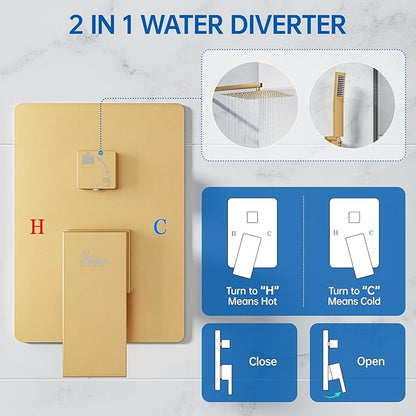 8 Inch Luxury Rain Shower Faucet Set, Brushed Gold Shower System with Rainfall Shower Head and Handheld Spray, SUS304 Stainless Steel and Solid Brass Wall Mounted Shower Valve Trim Kit