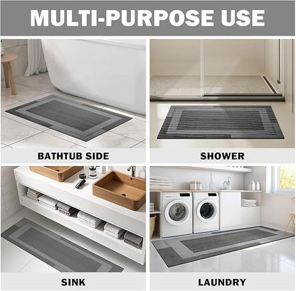 Non Slip Bath Mat, Rubber Backing Ultra Thin Bathroom Rugs Fit Under Door Quick Dry Super Absorbent Washable Bath Rug Shower Mat for Bathroom Floor Bathtub Sink, Easy Care Dark Grey 20"x 32"
