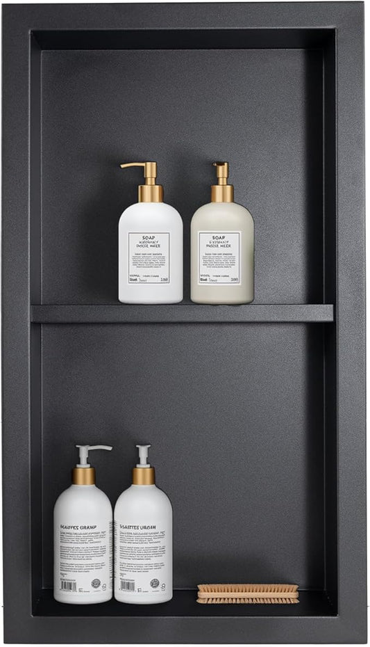 Stainless Steel Shower Niche No Tile Needed Recessed with Two-Tier Shelves, 24" x 12" Recessed Wall Niche Shelf for Bathroom Storage Black