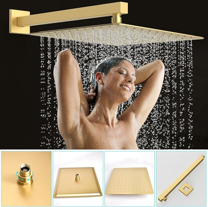 Shower System Modern Rain Brass Faucet Set With Valve and Diverter Shower Mixer With Handheld High Pressure Square Rainfall Shower Valve (12'' Wall Mount, Brushed Gold)