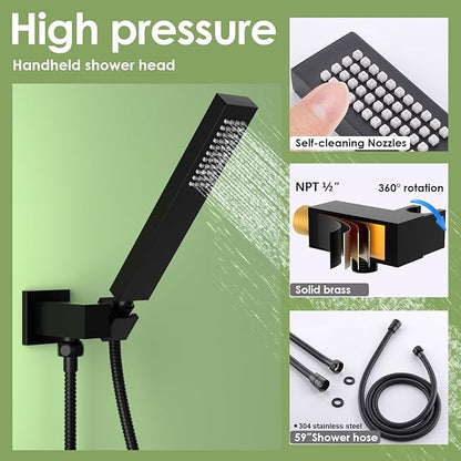 ENGA Dual Shower Head System with Tub Spout, Ceiling Mount 12 Inch Shower Head with 6 Inch Wall Mount Shower Head Shower Faucet Set, Matte Black