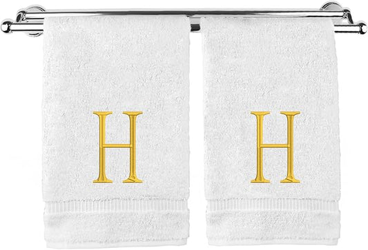 Monogrammed Hand Towel, Personalized Initial Gift, Extra Absorbent 100% Turkish Cotton - Soft Terry Finish - Set of 2 - Gold Block Initial H - Embroidered on White Towels