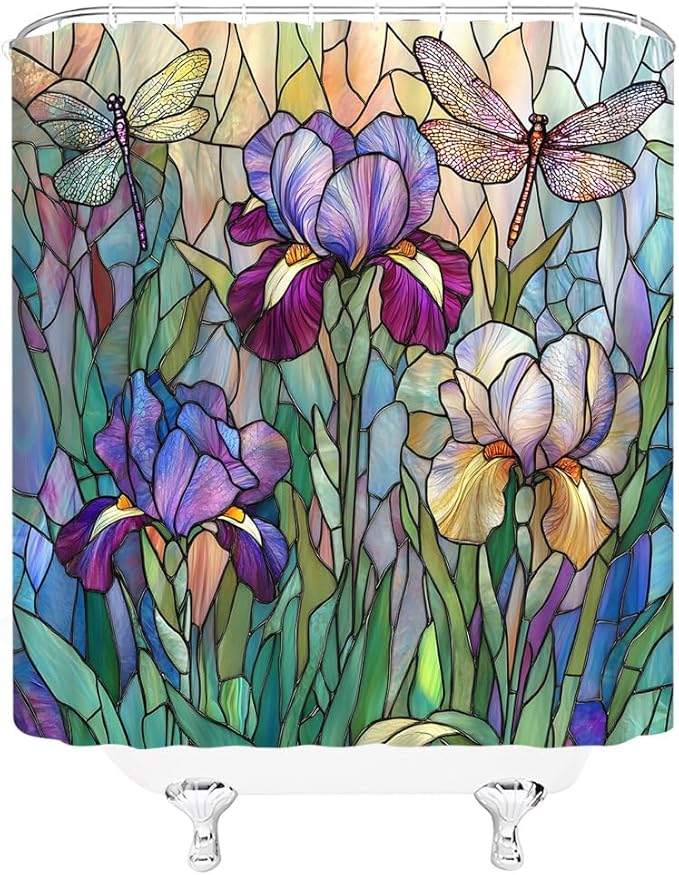 Stained Glass Shower Curtain Artistic Iris Dragonfly Purple Floral Green Leaves Abstract Nature Plant Spring Summer Modern Botanical Fabric Bathroom Decor Curtains with Hooks,90 x 70