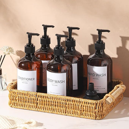 Stylish Shampoo Bottles Refillable with Pump,(5Pack) Amber Shampoo and Conditioner Dispenser,Shampoo Bottles with 8pcs Lables