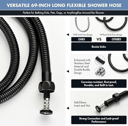 Adjustable Shower Slide Bar with 5-Function Handheld Shower Head, Stainless Steel Drill-free Mounted Slide Bar Combo with Extra Hose (Oil Rubbed Bronze)