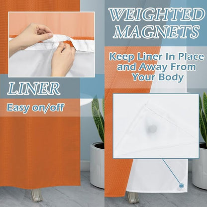 Burnt Orange Stall No Hook Shower Curtain with Snap in Liner,230GSM Waffle Weave Shower Curtains for Bathroom,54W x 80H