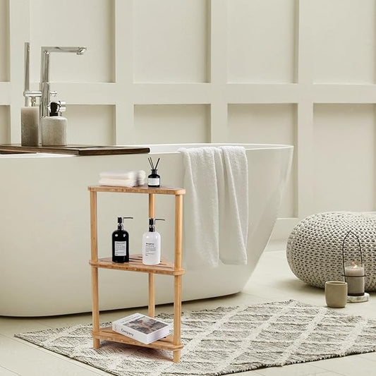 Bamboo Corner Shower Caddy Stand 3-Tier Waterproof,Free Standing Bathroom Corner Shelf Shower Stool Organizer for Inside Shower,Space-Saving Storage Shower Shelves with Anti-Slip Feet