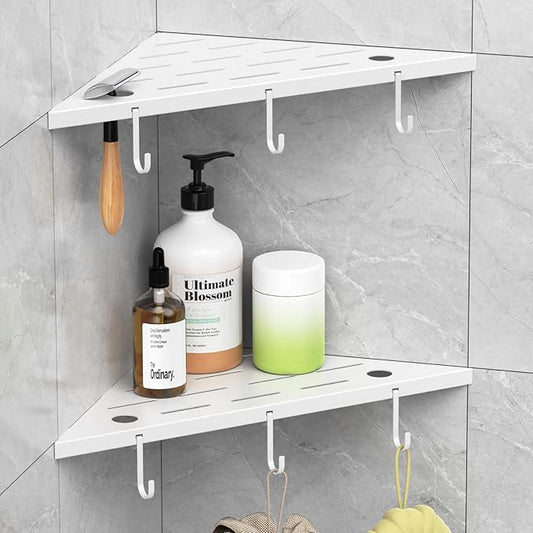 Corner Shower Shelves, 10" White 304 Stainless Steel Recessed Shelf for Bathroom，Grout in Shelf with Hooks for Tiled Wall 2 Pack (White)