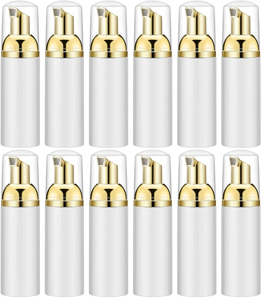 2 Oz Empty Foam Pump Bottle (12PCS) Travel Foaming Soap Dispenser for Hand Soap, Lash Shampoo Cleanser (White&Gold)