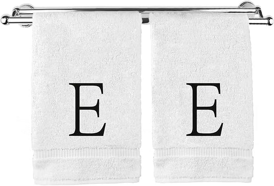 Monogrammed Hand Towel, Personalized Initial Gift, Extra Absorbent 100% Turkish Cotton - Soft Terry Finish - Set of 2 - Black Block Initial E - Embroidered on White Towels