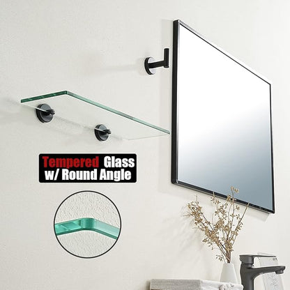 JQK Bathroom Glass Shelf Black, Tempered Glass Shower Storage 14 by 5 inches, 304 Stainless Steel Matte Black Wall Mount, TGS101L14-PB