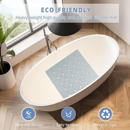 Shower Mat Non Slip 21"x21" Silicone Foldable Bath Mat with Suction Cups & Drain Holes, Odorless, Eco-Friendly & Durable, Machine Washable Shower Stall Mat for Adults, Seniors Grey
