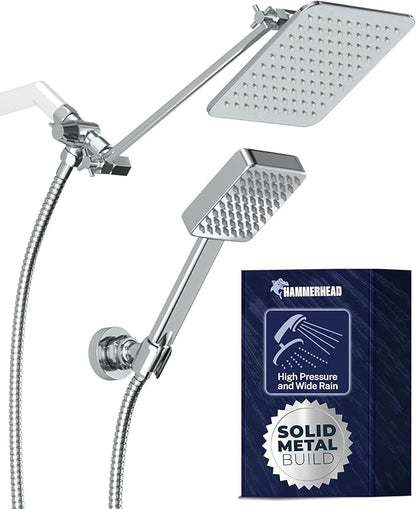HammerHead® Solid Metal Dual Shower Head Combo — 8" Square Rain Shower Head with Handheld, 12" Adjustable Arm & Wall-Mount Holder for Flexible Installation — Chrome