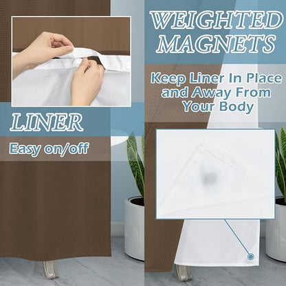 Brown Stall No Hook Shower Curtain with Snap in Liner,230GSM Waffle Weave Shower Curtains for Bathroom,54W x 80H