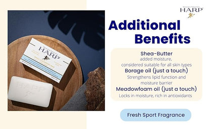 HARP pH-Balanced (5.0-6.0) Body Wash Bar. ZERO saponified oils. Protects Moisture Barrier. Gentle for Sensitive/Dry skin. + Shea Butter/Borage Oil. Non-Comedogenic. FRESH SPORT Fragrance.