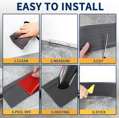 Flexible Baseboard Molding Trim 4 Inch Self-Adhesive Vinyl Wall Base Peel and Stick Cove Base Rubber Wall Baseboard Moulding Trim (40Ft, Deep Gray Wood Grain)