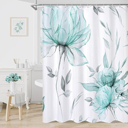 Extra Long Boho Watercolor Floral Shower Curtain 72 x 84, Teal Blue and Grey Ink Painting Style Flower Shower Curtains for Chic Elegant Bathroom, Artistic XL Fabric Cloth Shower Curtain