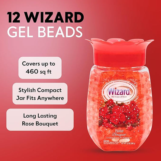 12 WIZARD Odor Eliminator Gel Beads - 12 oz, Air Freshners For Bathroom, Rooms, Per Areas and Car Freshner - Rose Bouqet