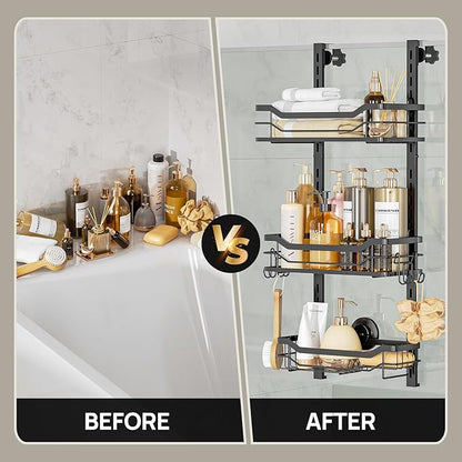 LEVERLOC Over The Door Shower Caddy, Shelf Distance Adjustable Hanging Rack Sturdy Rust Proof Bathroom Shelves with Strong Suction Cup, Shower Organizer Basket Storage Rack, Metal Black