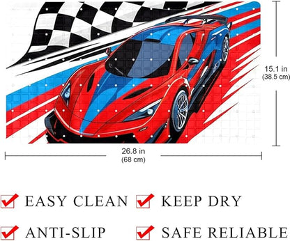 Bath Tub and Shower Mats, Non Slip Bathmat with Drain Holes and Suction Cups for Bathroom Floor, 15.1 x 26.8 Inch (Retro Race Car with Checkered Flag)