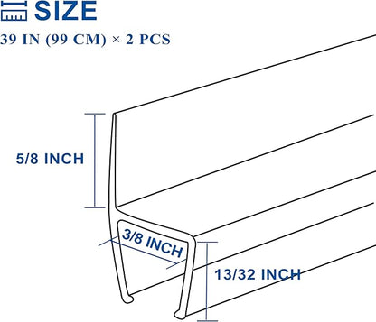 Frameless Shower Door Seal Strip 2 Pack x 39 Inch H for 3/8" Thick Glass Shower Door Side Seal Strip Bottom Seal Door Sweep, Ultra Clear Polycarbonate Stop Shower Leaks Create A Water Barrier