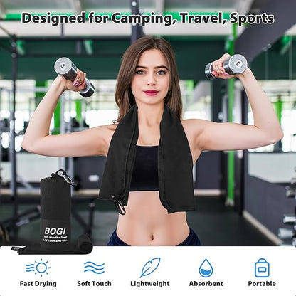 BOGI Microfiber Travel Sports Towel-Quick Dry Soft Lightweight Absorbent Compact for Camping Gym Beach Bath Yoga Swimming Backpacking (XL:72''x32''+16''x16''-Black)