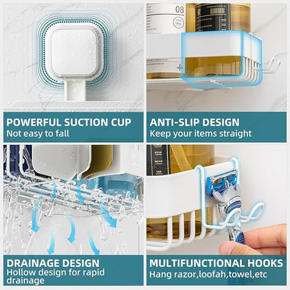 TAILI Shower Caddy Suction Cup 2 Pack,Stainless Steel Rustproof Shower Shelves,No Drilling Wall Mounted Basket,Large Capacity,Removable Suction Cup Bathroom Organizers & Home Decor, White
