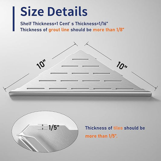 Corner Shower Shelf 10", Brushed 304 Stainless Steel Slot Design Recessed Corner Shelves Bathroom Grout in Shelf for Tiled Wall, 2 Pack