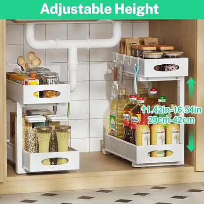 Under Sink Organizer, 2-Tier Pull Out Cabinet Organizer with Adjustable Height, Use in Kitchen Bathroom Cabinet and Countertop Storage, White, 2-Pack