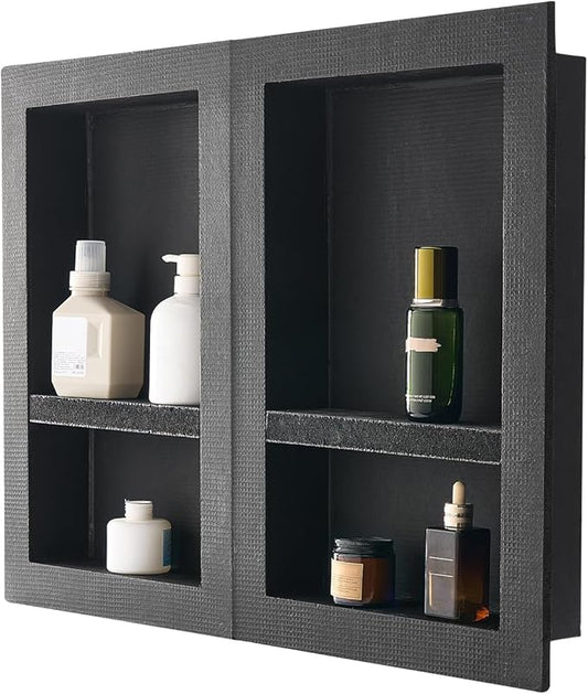 VEVOR Shower Niche, 16 x 24 inch + 16 x 24 inch Recessed Wall Niche with Movable Shelf, 4 inch Thick Modern Soap&Shampoo Storage Organizer,Square Corners,Sealed Waterproof,Black for Bathroom Shower