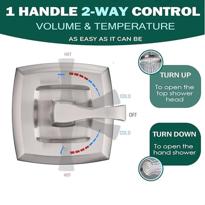 2 Way Shower Diverter Mixing Valve, Dual-Function Pressure Balance Shower Control Brass Rough-In Mixer 1/2" NPT Connection, Single Handle Brushed Nickel Shower Trim Kit