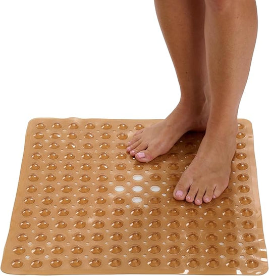 ENKOSI Square Shower Mat – 21 x 21 Inch Non-Slip Bathroom Shower Stall Mat with Suction Cups and Drain Holes – Anti-Slip Bathtub Shower Mats for Inside Shower (21x21 Clear Brown)