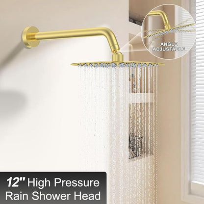 12 Inch Brushed Gold Shower System - High Pressure Rain Shower Head, Handheld Showerhead, and Wall Mounted Faucet Set