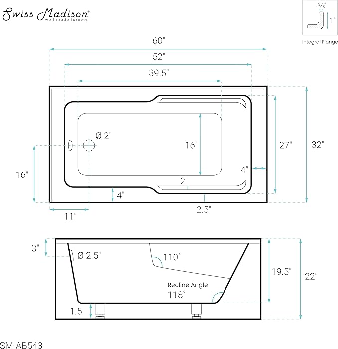 Swiss Madison Well Made Forever SM-AB543 Voltaire Alcove Tub with Armrest 60" x 32" in Glossy White