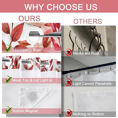 No Hook Shower Curtain and Liner Set, Red Eucalyptus Floral Shower Curtains for Bathroom, Bath Curtain Sets with Snap in Liner, Waterproof with See Through Top Window, 71x84 Inches