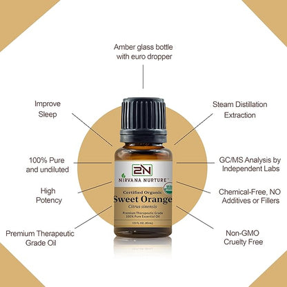 Sweet Orange Essential Oil USDA Certified Organic 100% Pure Premium Therapeutic Grade, Undiluted - Aromatherapy Diffuser for Calm and Relaxation, Skin Care, Hair Care