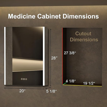 Medicine Cabinet with LED Lights and Mirror, 20 x 28 Inch Surface or Recessed Mounted Bathroom Cabinet with Door, Defogger, Memory Function, 3-Color Mode, Outlet&USB, Dimmer, Storage Shelf