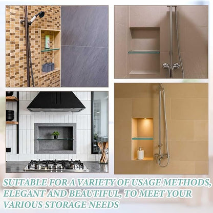 1 Pcs 13-5/8" x 4-1/4" x 3/8'' Glass Shelf for Shower Niche, Tempered Glass Shelf Floating Shelves for Bathroom Essentials DIY Storage Decoration, Easy Install Support Plate