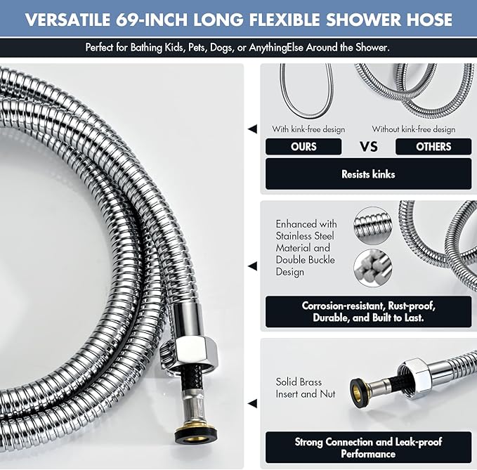 Adjustable Shower Slide Bar with 5-Function Handheld Shower Head, Stainless Steel Drill-free Mounted Slide Bar Combo with Extra Hose (Chrome)